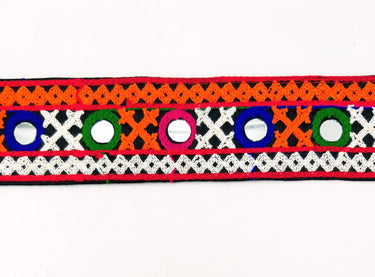 Black Cotton Fabric Trim with Multicolor Embroidery and Real Mirror, Kutch Embroidery Trim, Mirror Lace